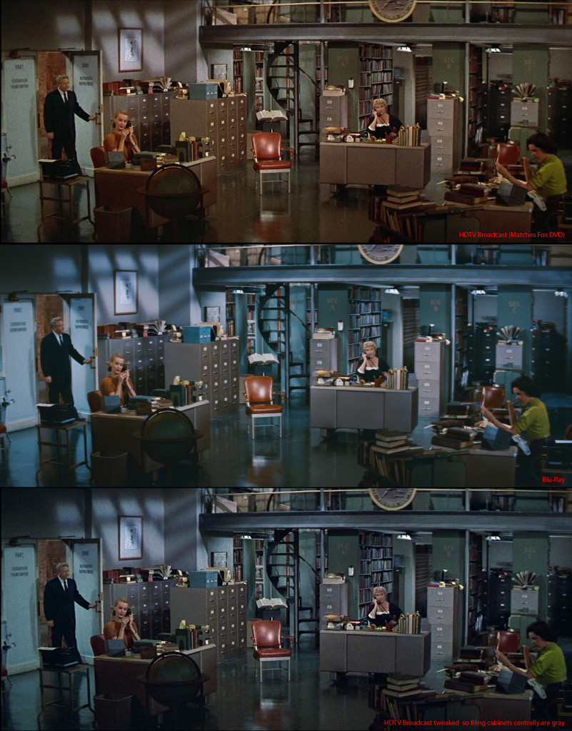Comparing 'Desk Set' HDTV  broadcast and Blu-ray. From top to bottom. Film4 HD Broadcast, which matches the earlier Fox NTSC DVD release. Middle is the new Blu-ray, and bottom is the HDTV broadcast color matched, so that the filing cabinets are neutral.