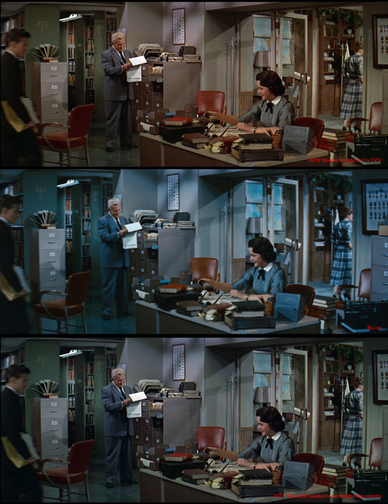 Comparing 'Desk Set' HDTV  broadcast and Blu-ray. From top to bottom. Film4 HD Broadcast, which matches the earlier Fox NTSC DVD release. Middle is the new Blu-ray, and bottom is the HDTV broadcast color matched, so that the filing cabinets are neutral. Not exactly the same frame, but very close.