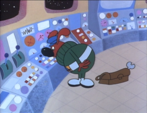 Orbit the dog inspects the spaceship. From the DVD.
