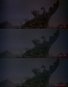 Comparing Dragonslayer DVDs vs iTunes. Again the color differences in the PAL version hide the matte line quite nicely, side-by-side the other seem a bit more washed out. Note the fine detail in the trees in the iTunes version.