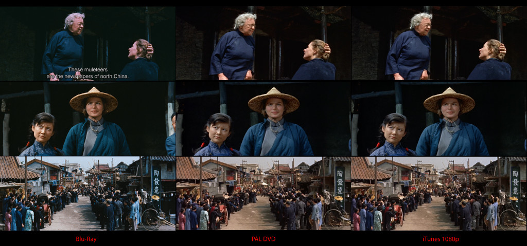 Screenshot comparison matrix for Inn of the Sixth Happiness. Blu-ray on the left, PAL DVD in the middle and iTunes HD on the right.