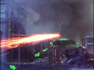 Alien war machines at play. Some digital artifacts are visible in this shot. Screenshot from War of the Worlds 1953, from iTunes HD.