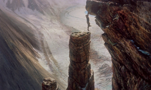 Third Man On The Mountain: Dangling over an abyss. Another extraordinary matt painting.